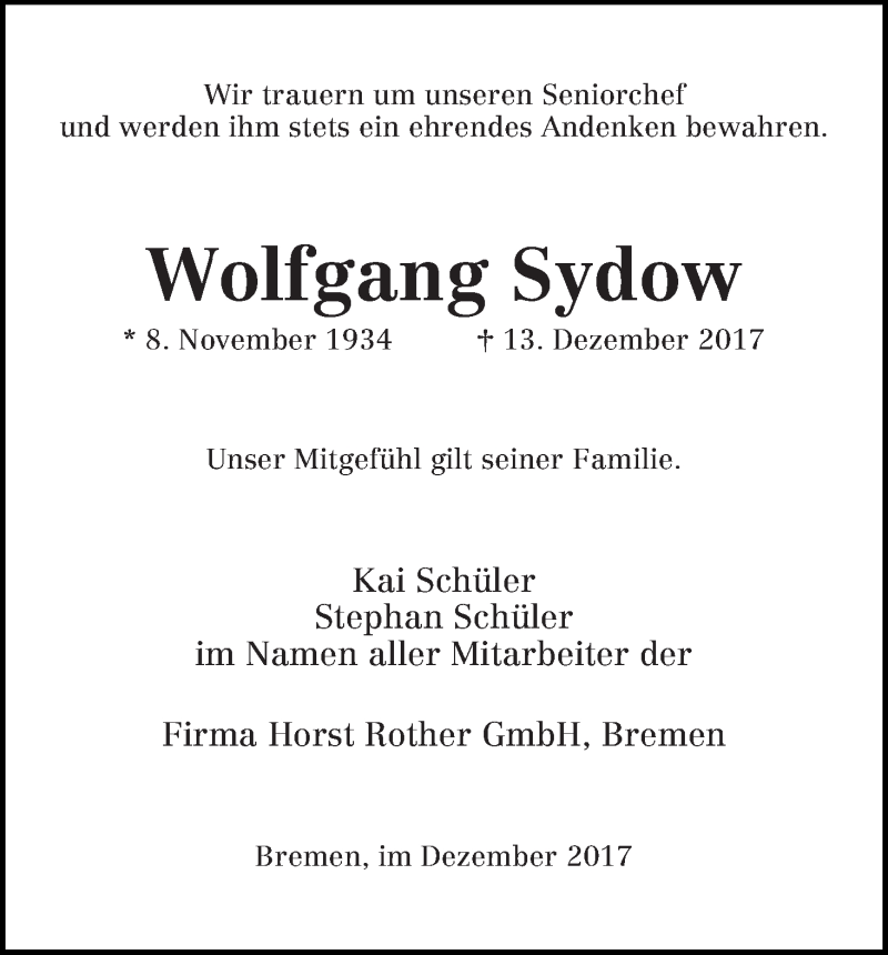 Traueranzeige von Wolfgang Sydow von WESER-KURIER