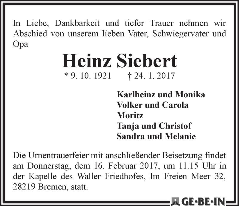 Traueranzeige von Heinz Siebert von WESER-KURIER