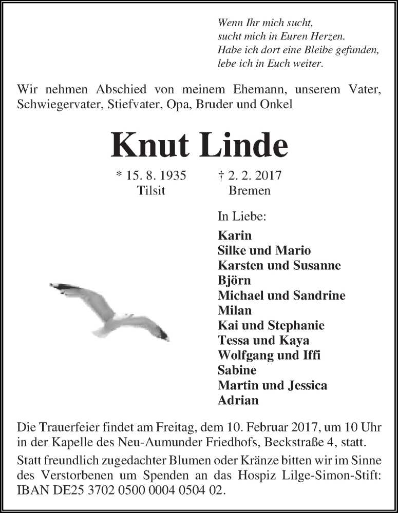 Traueranzeige von Knut Linde von WESER-KURIER