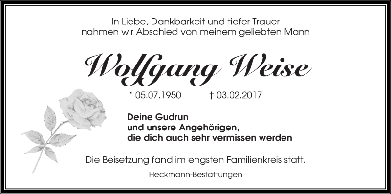 Traueranzeige von Wolfgang Weise von Die Norddeutsche