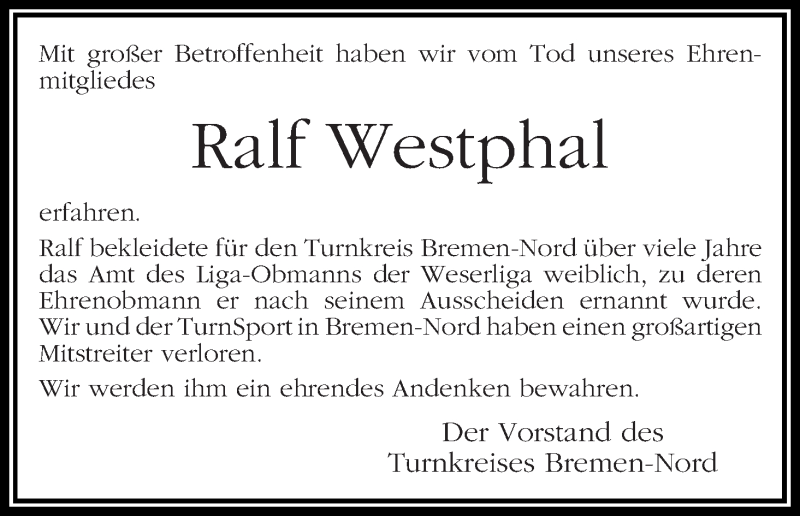 Traueranzeige von Ralf Westphal von Die Norddeutsche