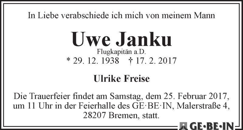 Traueranzeige von Uwe Janku von WESER-KURIER