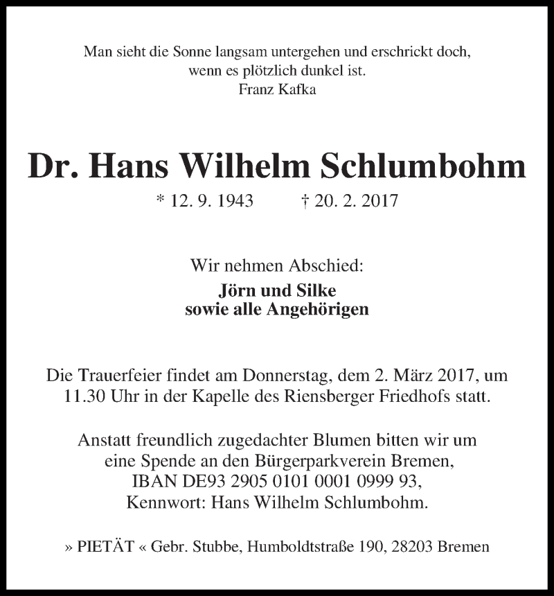 Traueranzeige von Hans Wilhelm Schlumbohm von WESER-KURIER