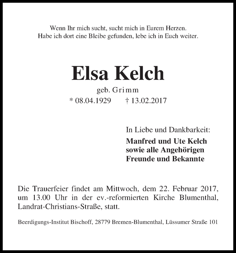 Traueranzeige von Elsa Kelch von Die Norddeutsche