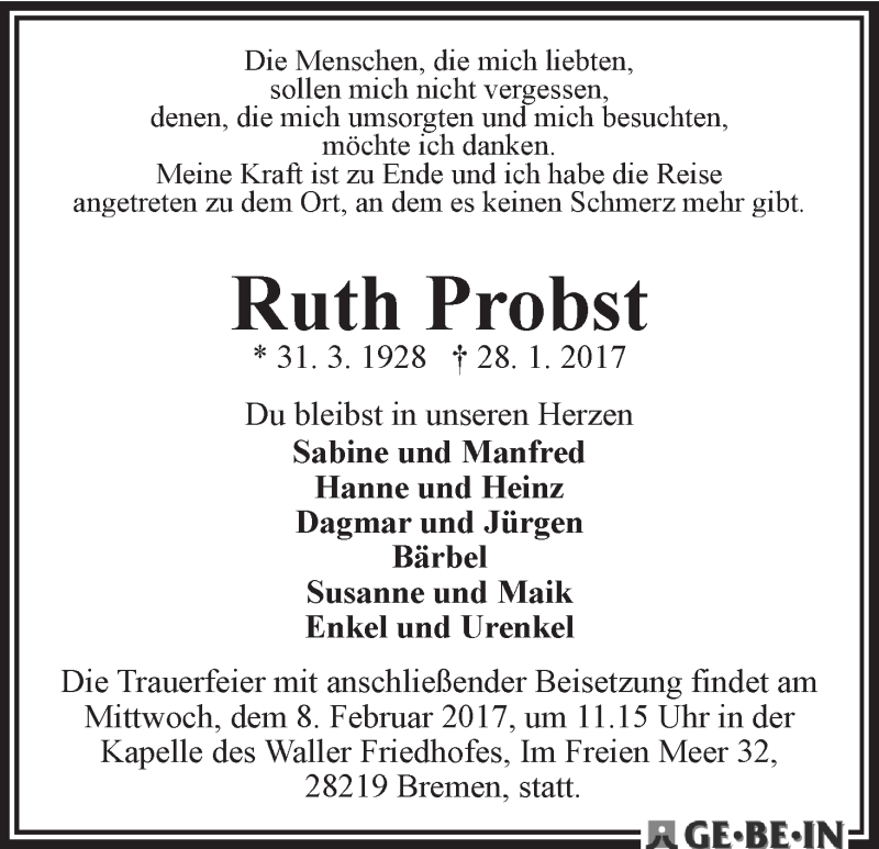 Traueranzeige von Ruth Probst von WESER-KURIER