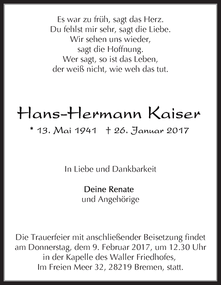 Traueranzeige von Hans-Hermann Kaiser von WESER-KURIER
