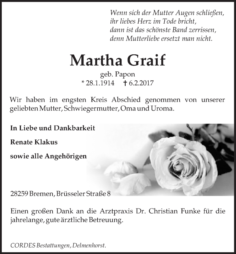 Traueranzeige von Martha Graif von WESER-KURIER