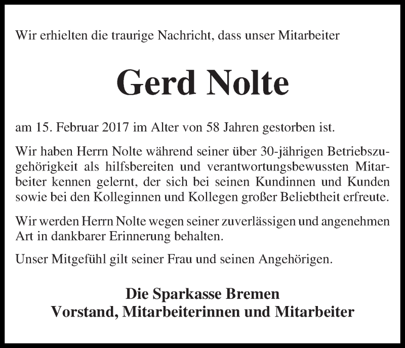 Traueranzeige von Gerd Nolte von WESER-KURIER