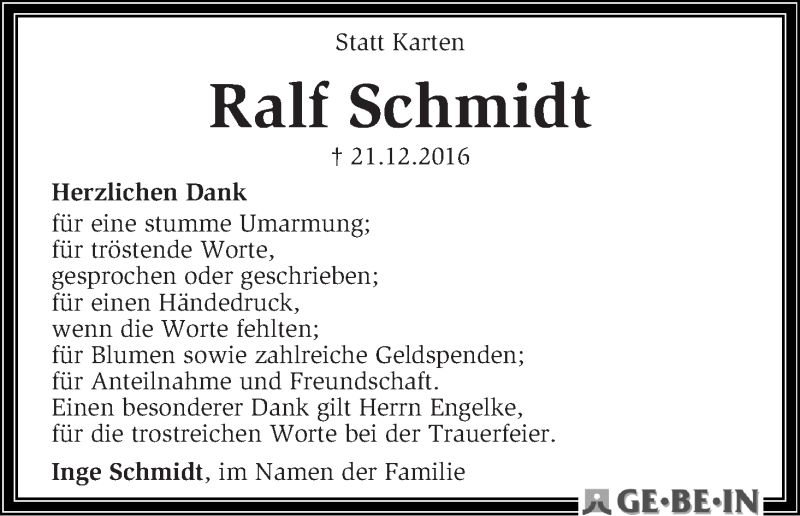 Traueranzeige von Ralf Schmidt von Die Norddeutsche