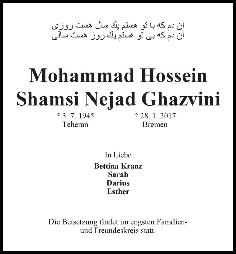 Traueranzeige von Mohammad Hossein Shamsi Nejad Ghazvini von Die Norddeutsche