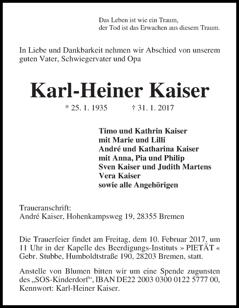 Traueranzeige von Karl-Heiner Kaiser von WESER-KURIER