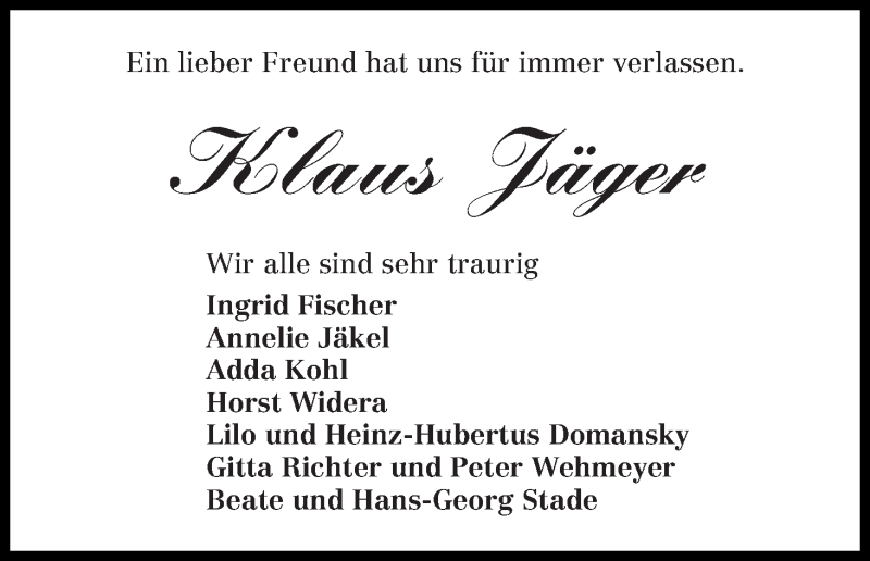 Traueranzeige von Klaus Jäger von Die Norddeutsche