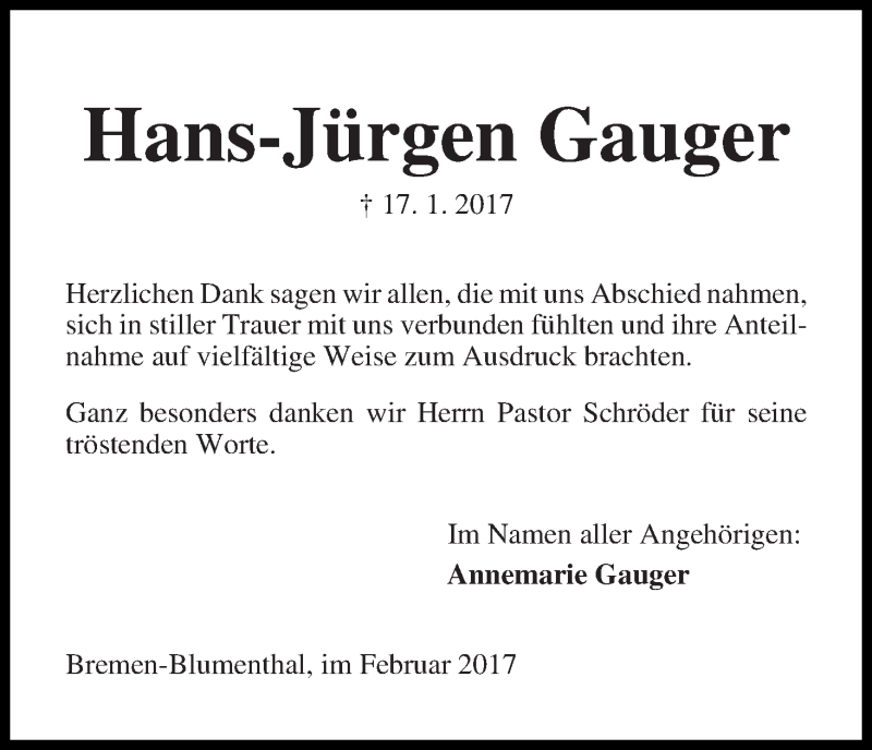 Traueranzeige von Hans-JÃürgen Gauger von Die Norddeutsche