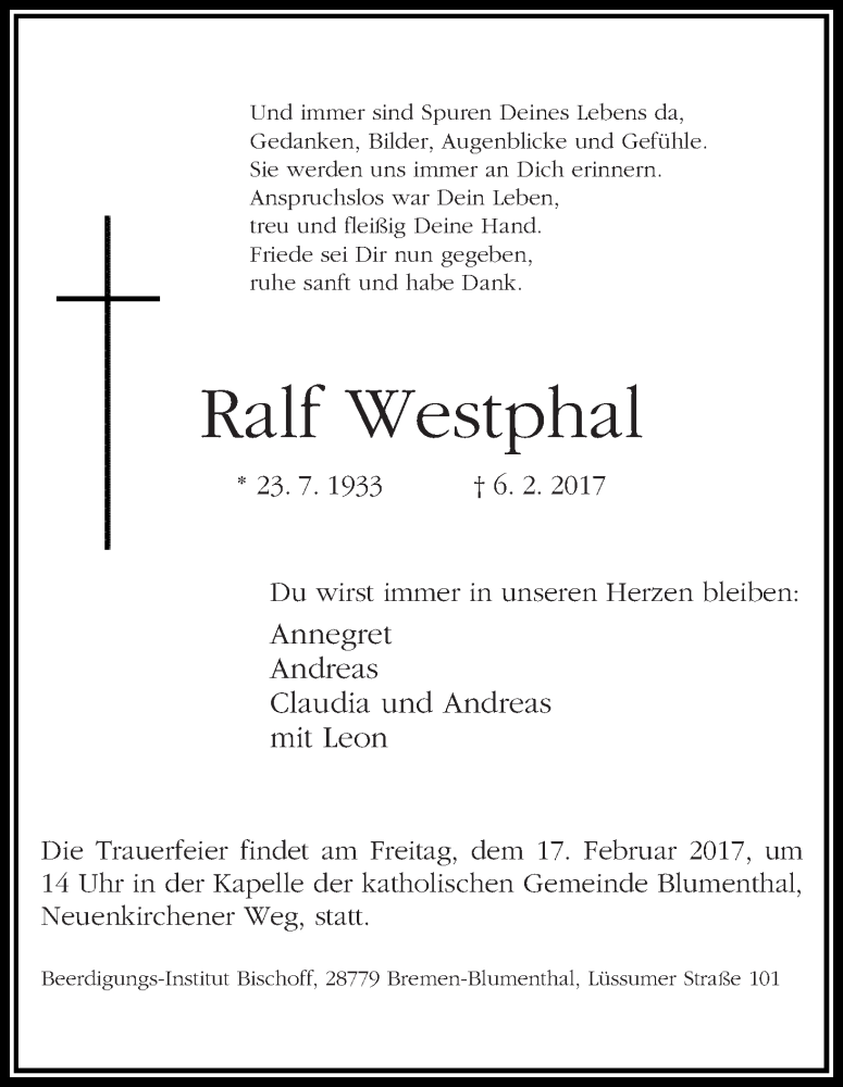Traueranzeige von Ralf Westphal von Die Norddeutsche