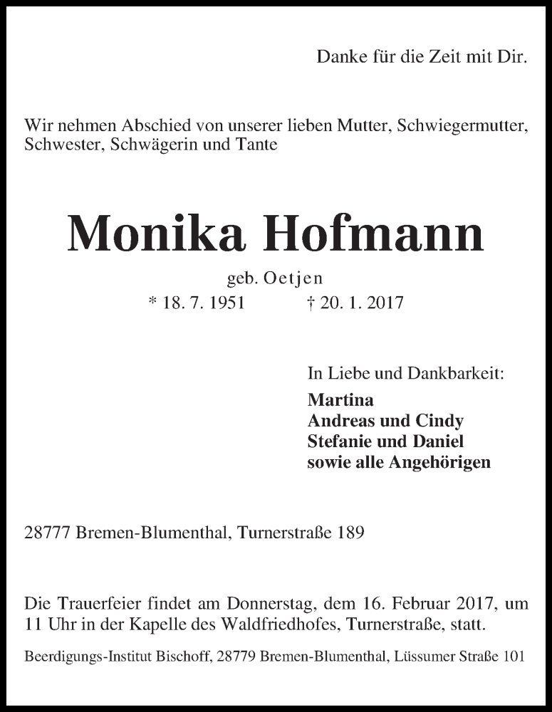 Traueranzeige von Monika Hoffmann von Die Norddeutsche