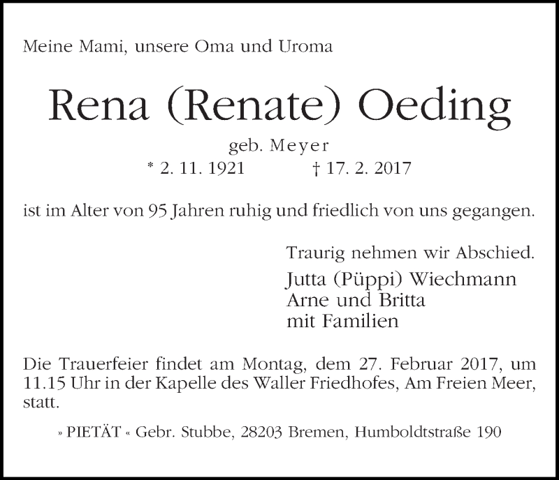 Traueranzeige von Rena (Renate) Oeding von WESER-KURIER