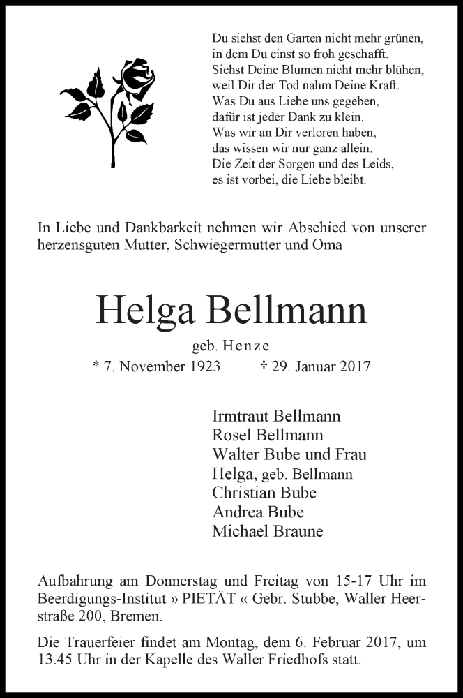 Traueranzeige von Helga Bellmann von WESER-KURIER