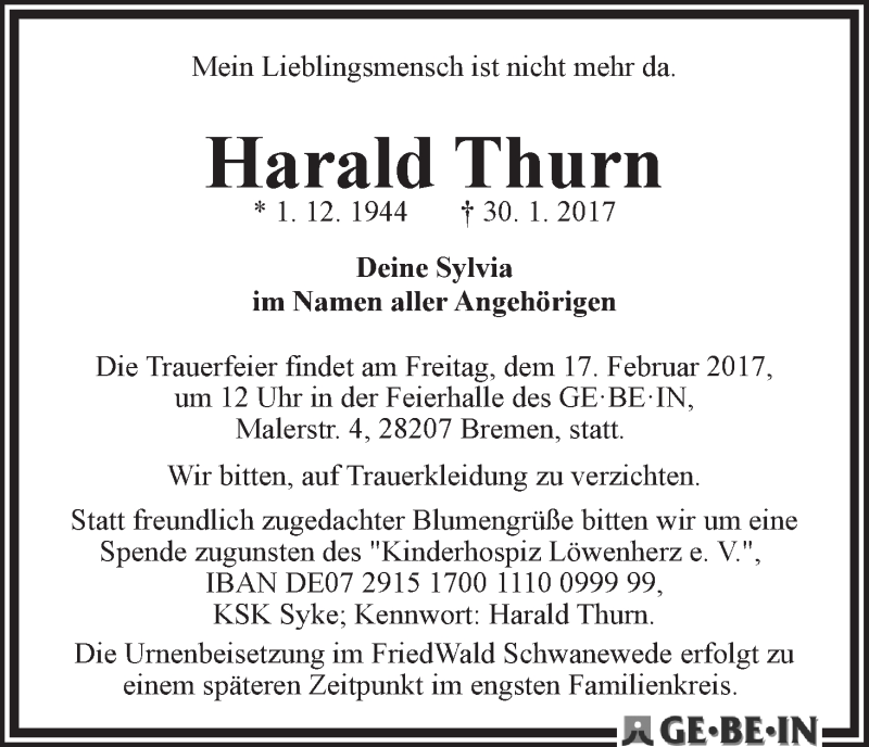 Traueranzeige von Harald Thurn von WESER-KURIER