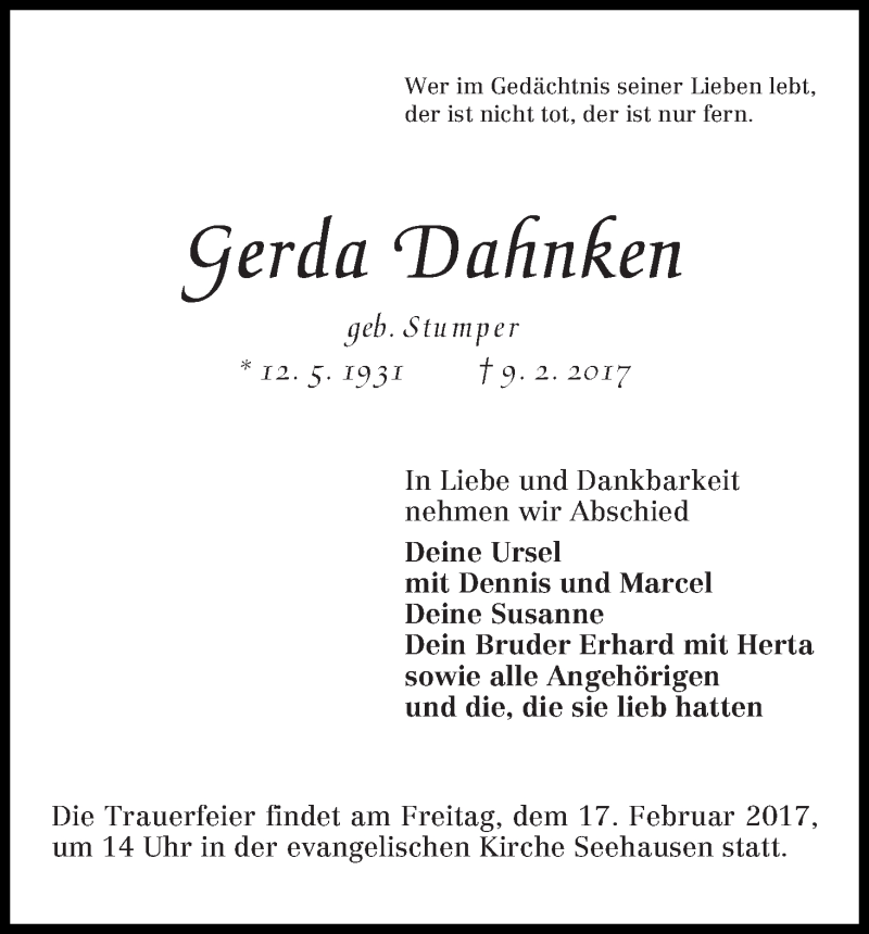 Traueranzeige von Gerda Dahnken von WESER-KURIER
