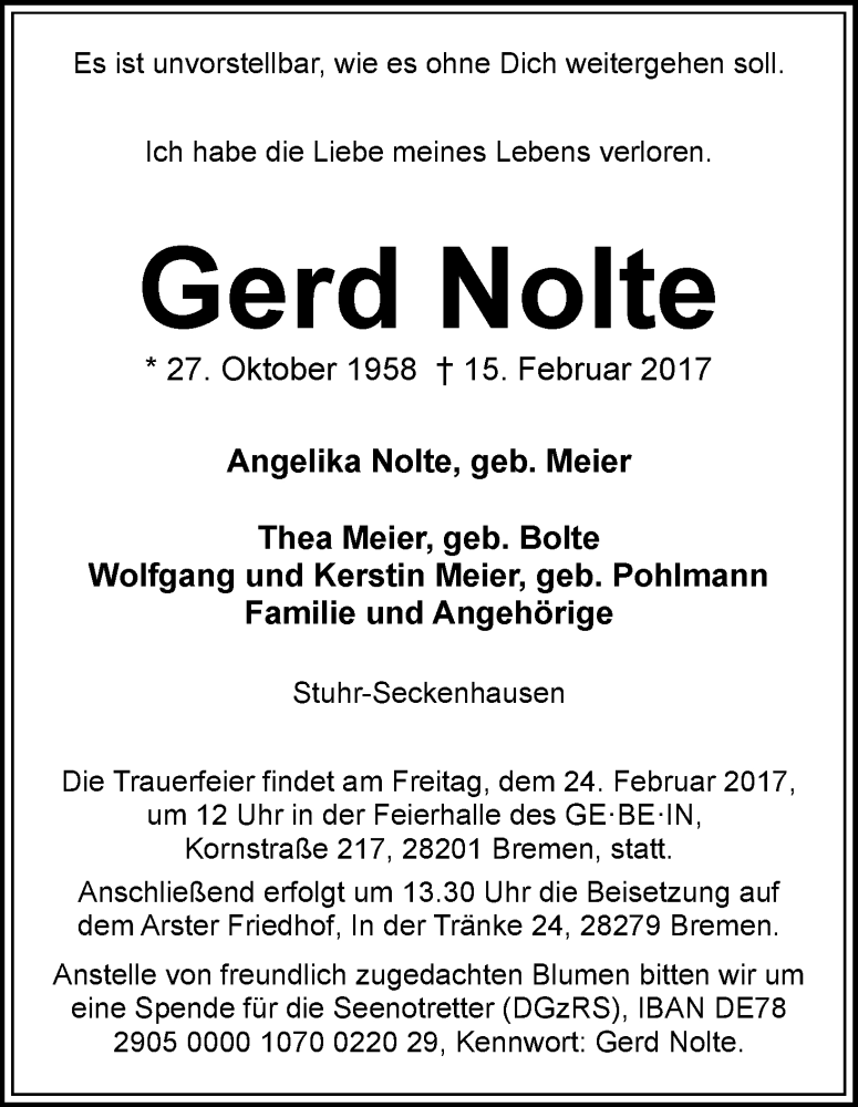 Traueranzeige von Gerd Nolte von WESER-KURIER