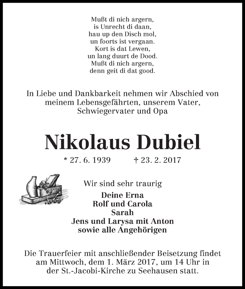 Traueranzeige von Nikolaus Dubiel von WESER-KURIER