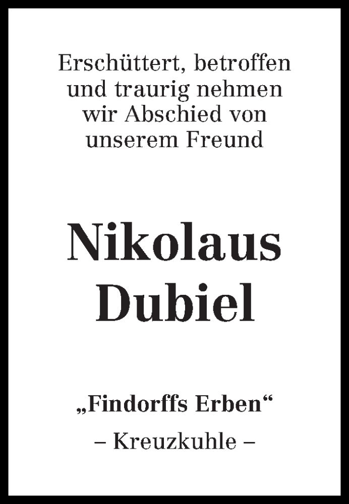 Traueranzeige von Nikolaus Dubiel von WESER-KURIER