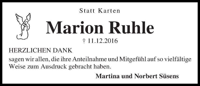 Traueranzeige von Marion Ruhle von WESER-KURIER