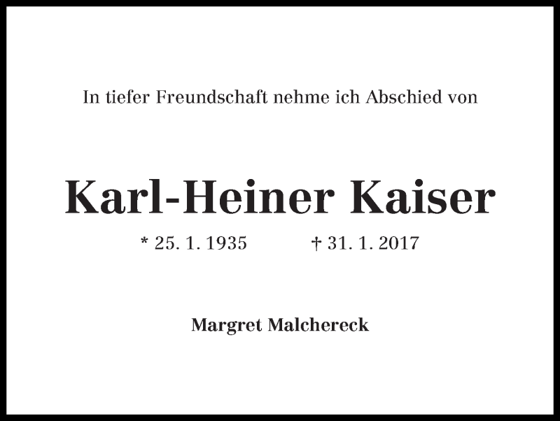 Traueranzeige von Karl-Heiner Kaiser von WESER-KURIER