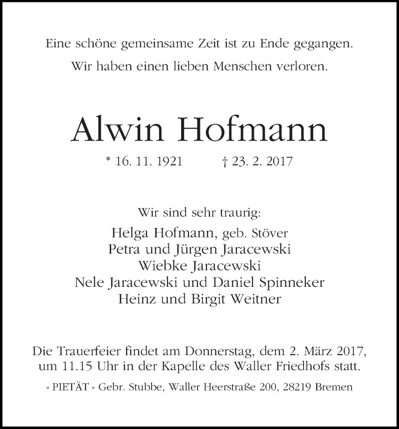 Traueranzeige von Alwin Hofmann von WESER-KURIER