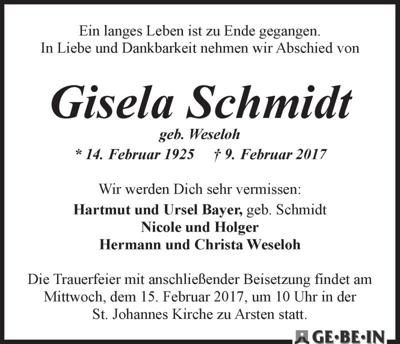 Traueranzeige von Gisela Schmidt von WESER-KURIER