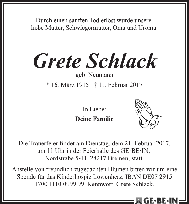 Traueranzeige von Grete Schlack von WESER-KURIER