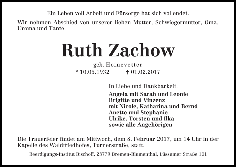 Traueranzeige von Ruth Zachow von Die Norddeutsche