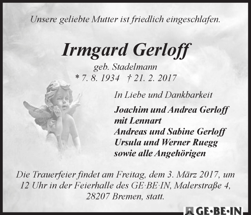 Traueranzeige von Irmgard Gerloff von WESER-KURIER