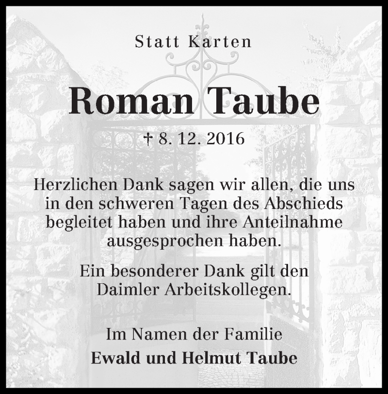 Traueranzeige von Roman Taube von WESER-KURIER