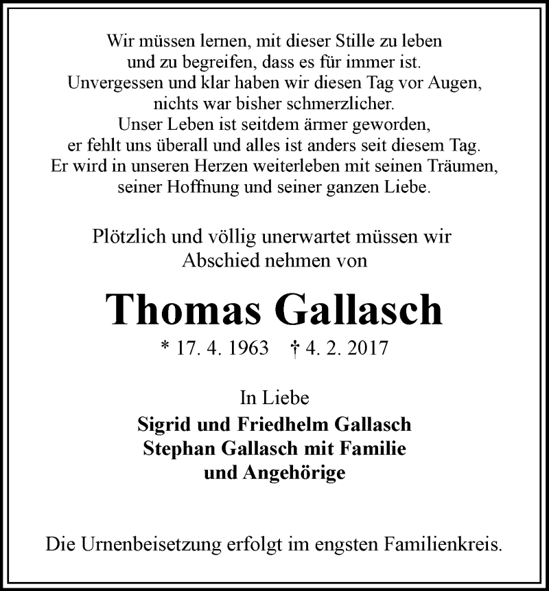 Traueranzeige von Thomas Gallasch von WESER-KURIER