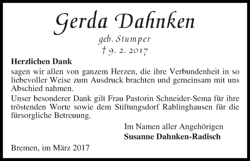 Traueranzeige von Gerda Dahnken von WESER-KURIER
