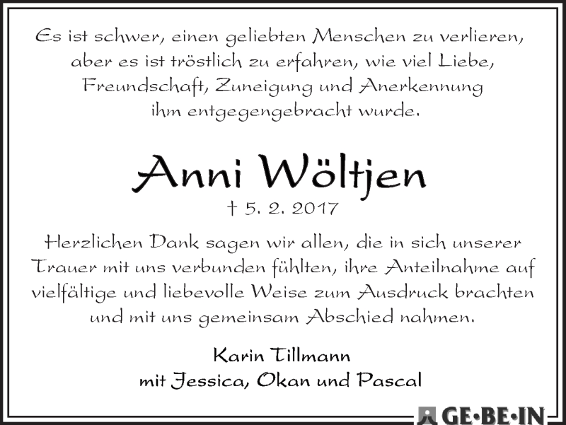 Traueranzeige von Anni Wötljen von WESER-KURIER