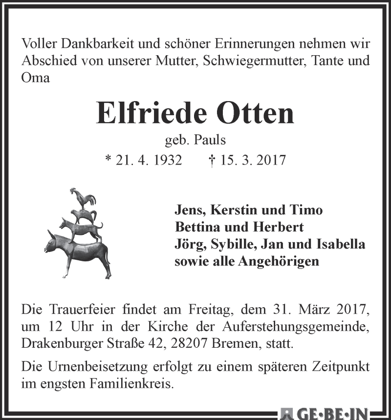 Traueranzeige von Elfriede Otten von WESER-KURIER