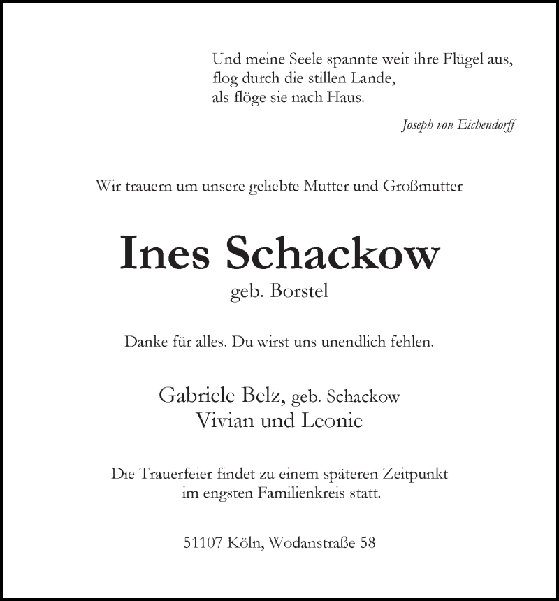 Traueranzeige von Ines Schackow von WESER-KURIER