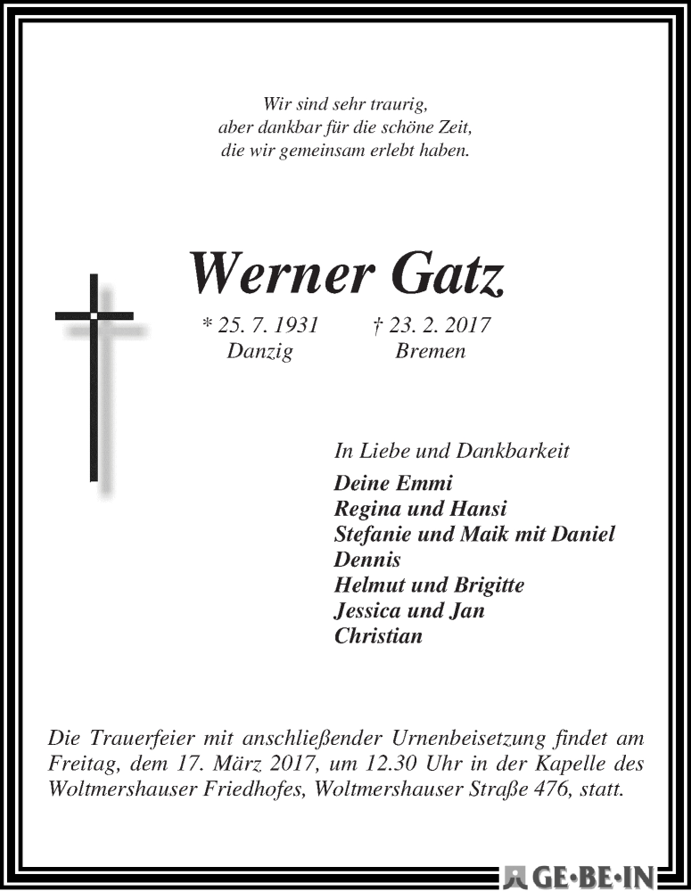 Traueranzeige von Werner Gatz von Gesamtausgabe / Kurier der Woche