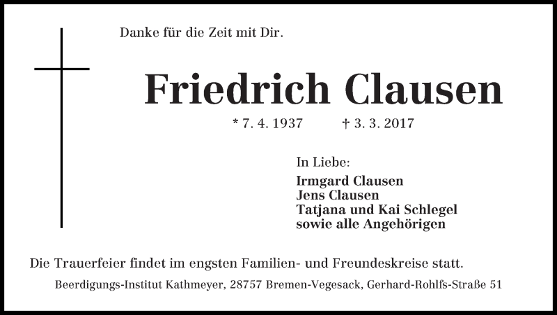 Traueranzeige von Friedrich Clausen von Die Norddeutsche