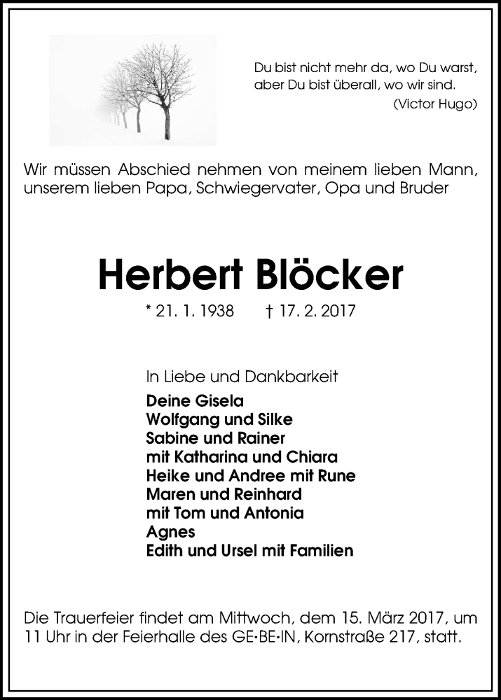 Traueranzeige von Herbert Blöcker von WESER-KURIER