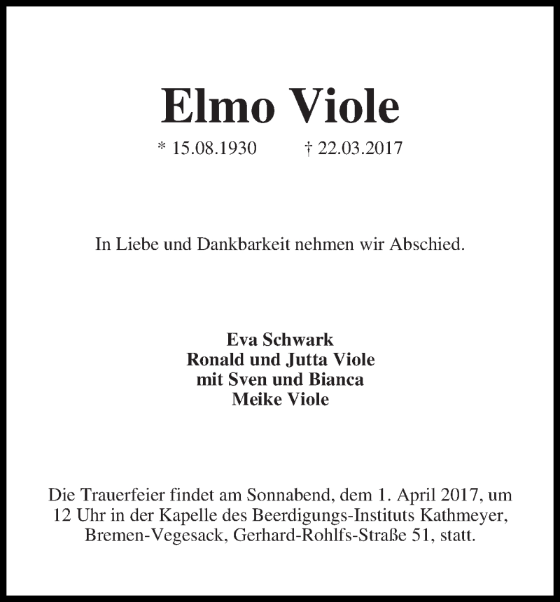 Traueranzeige von Elmo Viole von Die Norddeutsche