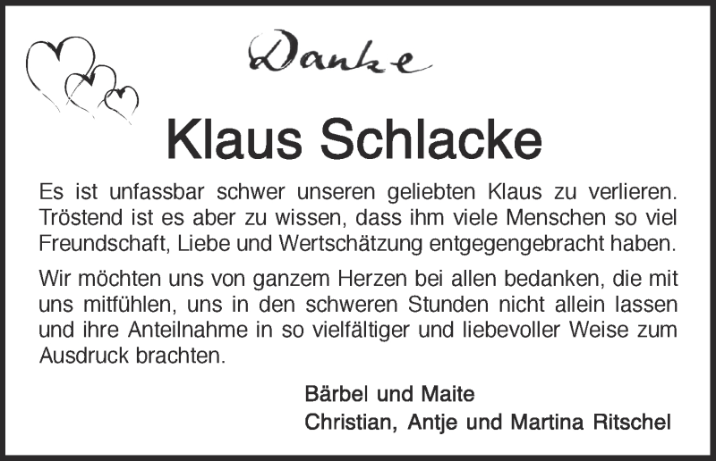 Traueranzeige von Klaus Schlacke von WESER-KURIER