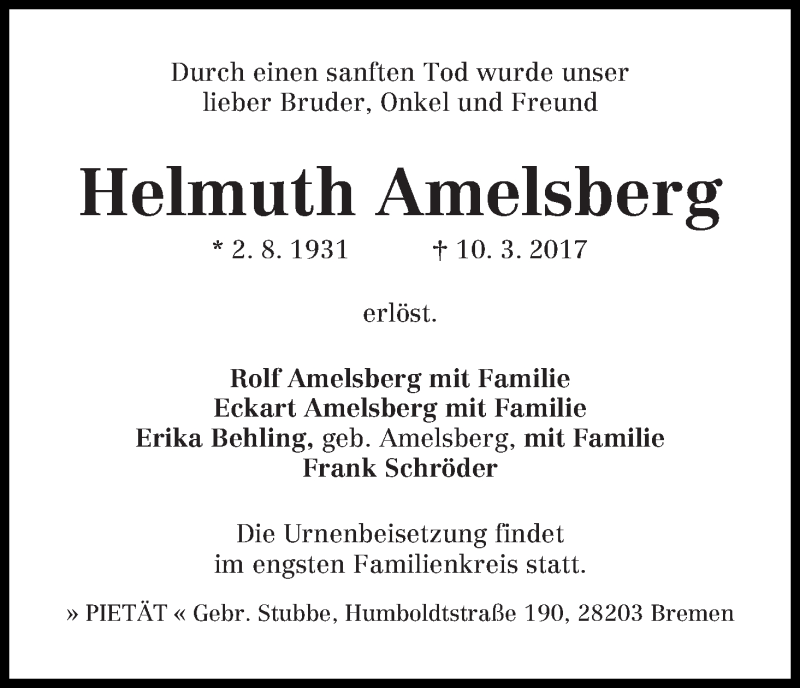 Traueranzeige von Helmuth Amelsberg von WESER-KURIER
