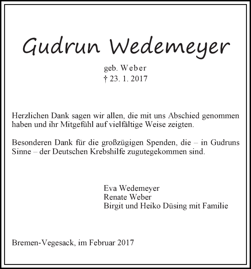 Traueranzeige von Gudrun Wedemeyer von Die Norddeutsche