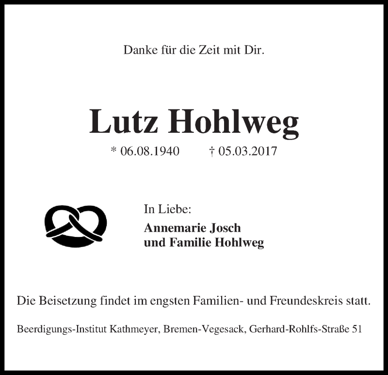 Traueranzeige von Lutz Hohlweg von Die Norddeutsche
