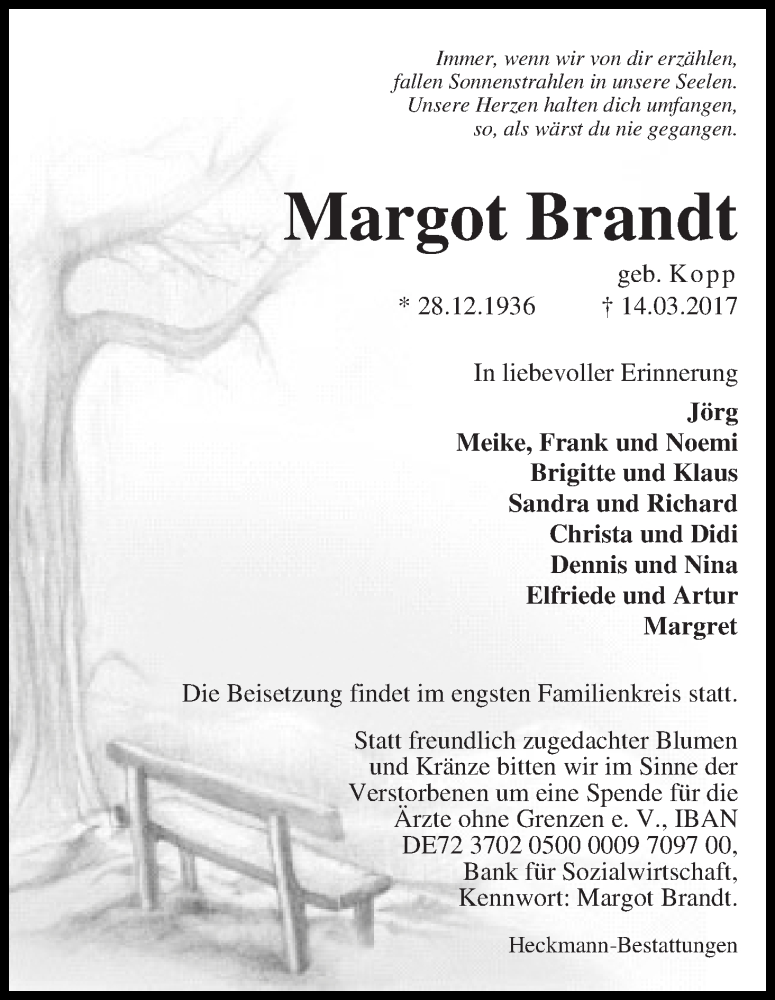 Traueranzeige von Margot Brandt von Die Norddeutsche