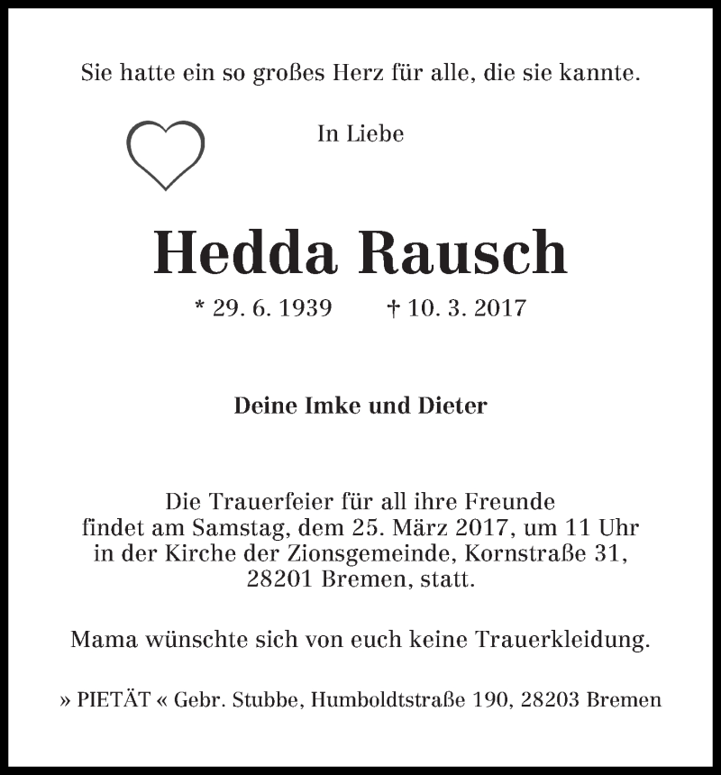 Traueranzeige von Hedda Rausch von WESER-KURIER