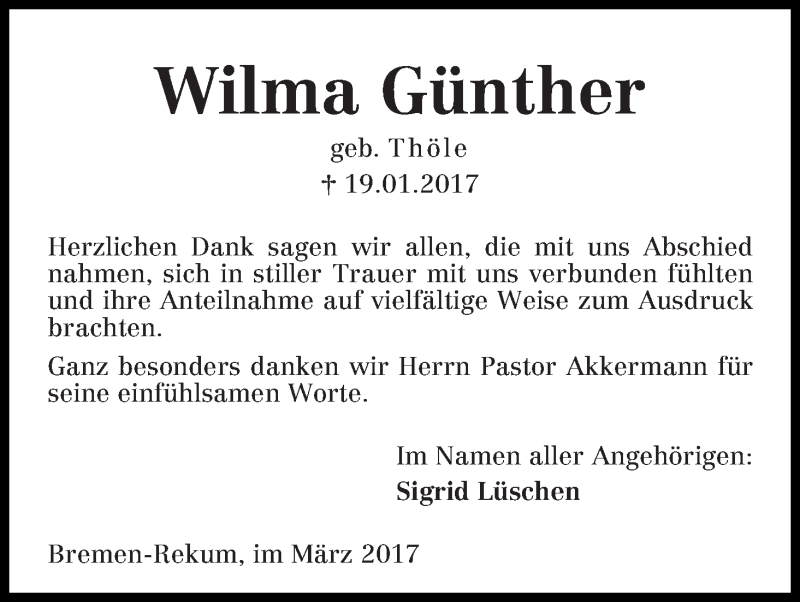 Traueranzeige von Wilma Günther von Die Norddeutsche